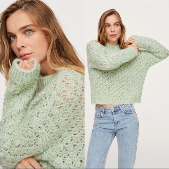 Mango Openwork Knit Sweater Chunky Pom Rounded Neckline Ribbed Trim Pastel Sz XL - Picture 4 of 8